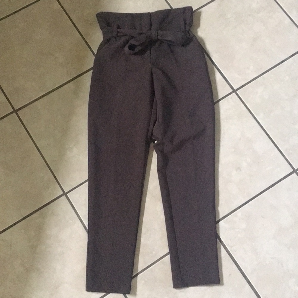 Brown paper bag pants with belt tie
